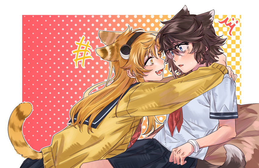 2girls, animal_ears, black_headband, black_skirt, blonde_hair, blue_eyes, bracelet, brown_hair