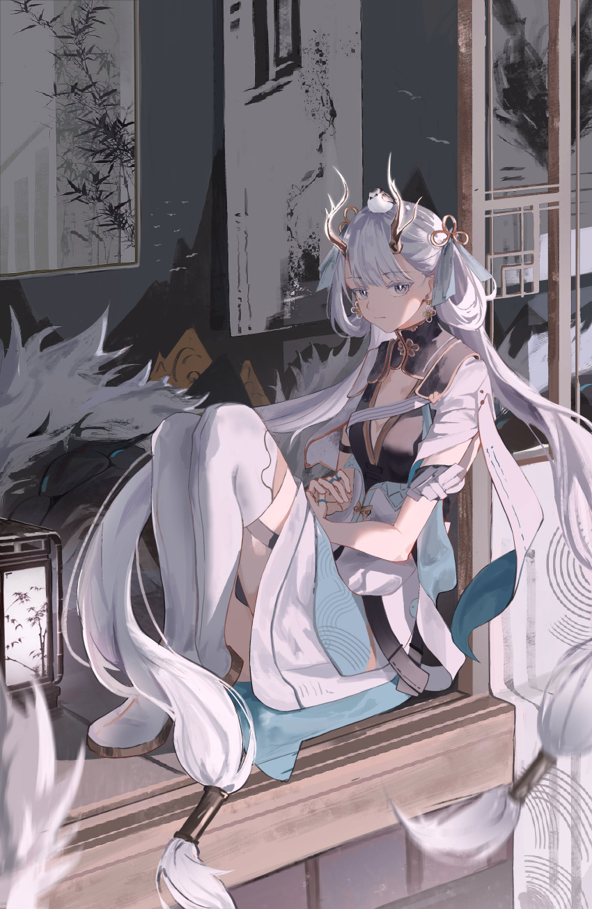 1girl, absurdres, bird, boots, chinese_clothes, dragon_horns, dress, eastern_dragon_horns, elyzerda, highres, horns, jinhsi_(wuthering_waves), long_hair, painting_(object), sitting, thigh-highs, thigh_boots, very_long_hair, white_hair, wuthering_waves