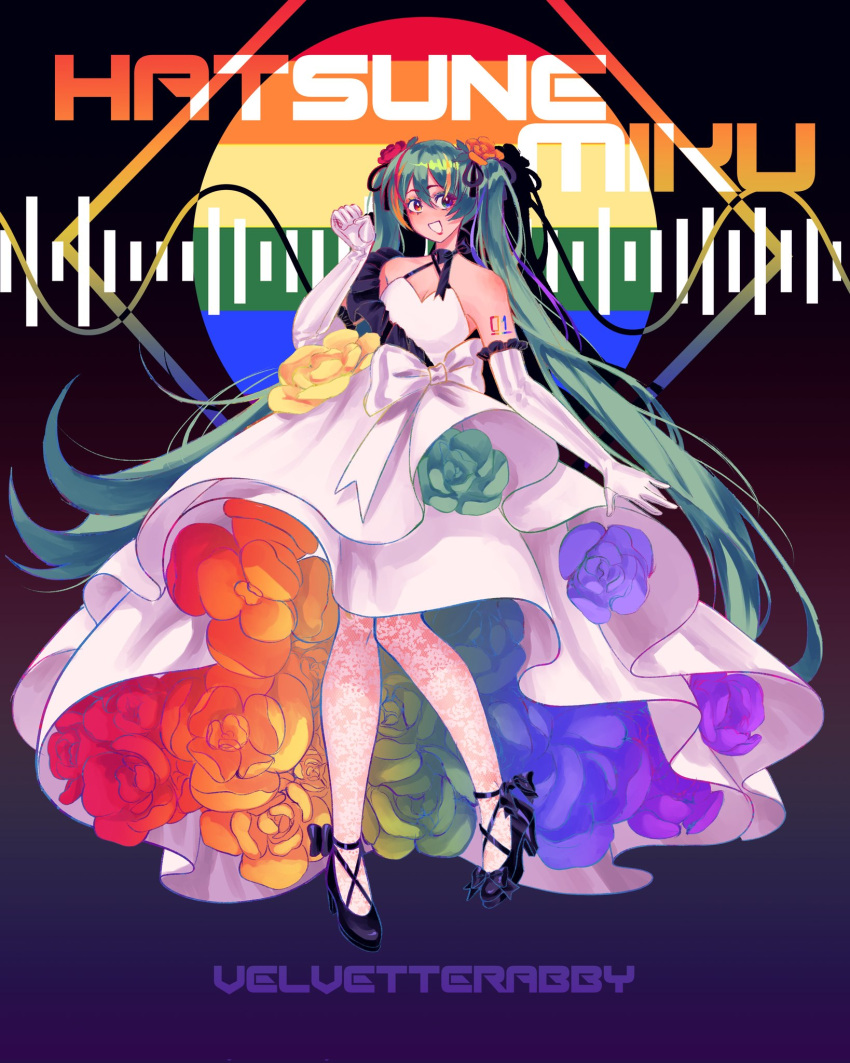 1girl, :d, alternate_costume, artist_name, bare_shoulders, black_background, black_bow, black_footwear