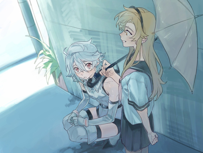 2girls, black_headband, black_skirt, blonde_hair, bracelet, elbow_gloves, eye_mask, eyebrow_cut