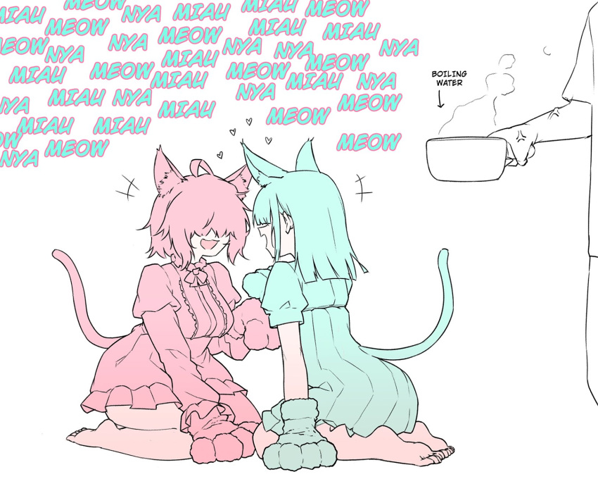 1boy, 2girls, anger_vein, animal_ears, animal_hands, annoyed, arrow_(symbol), barefoot