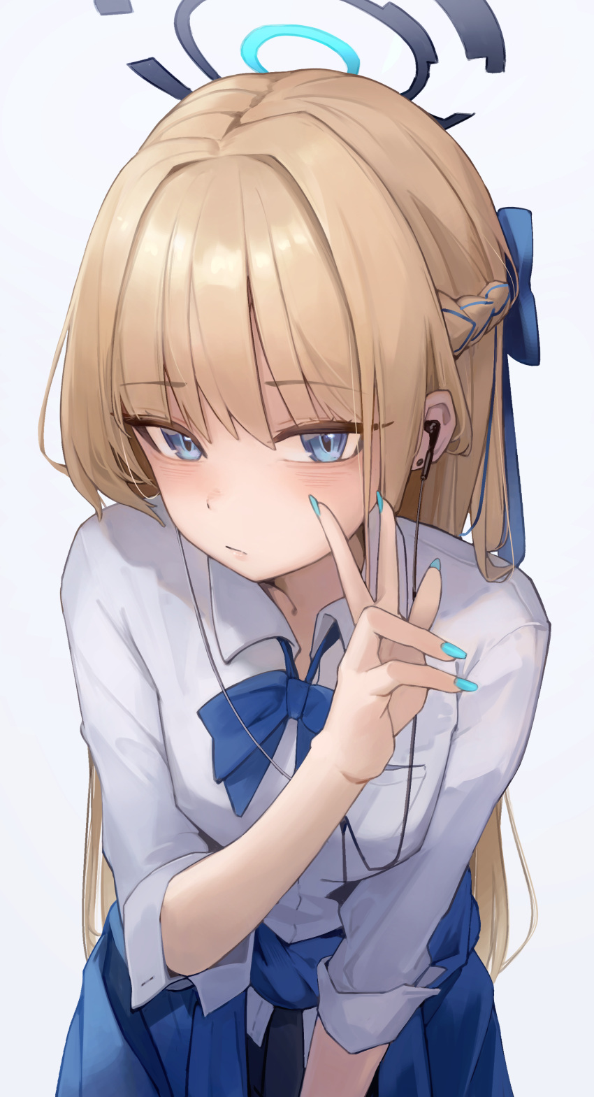 1girl, absurdres, blonde_hair, blue_archive, blue_bow, blue_bowtie, blue_cardigan, blue_eyes