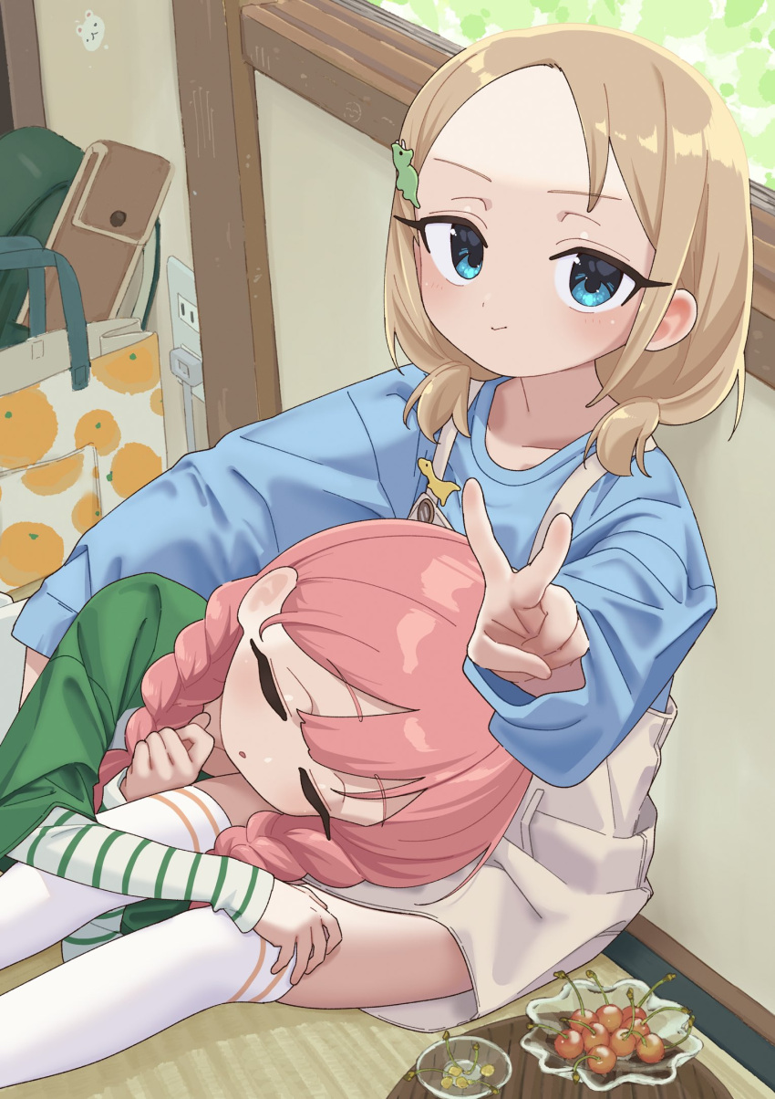 2girls, blue_eyes, blue_sweater, bouen, braid, cherry, closed_eyes, commission, food, fruit, green_shirt, highres, indoors, lap_pillow, light_brown_hair, long_hair, looking_at_viewer, multiple_girls, on_floor, original, parted_lips, pink_hair, shirt, short_hair, short_twintails, skeb_commission, skirt, sleeping, smile, suspender_skirt, suspenders, susuki_madoka_(bouen), susuki_michiru_(bouen), sweater, tatami, thigh-highs, twin_braids, twintails, v, white_thighhighs, zettai_ryouiki