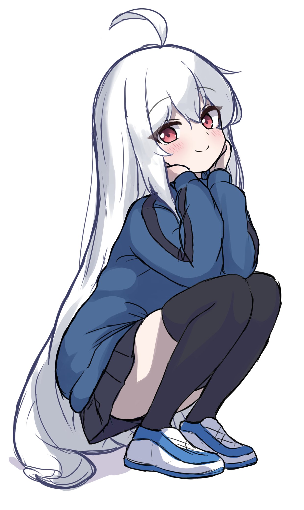 100_percent_orange_juice, 1girl, ahoge, black_skirt, black_thighhighs, blue_footwear, blue_jacket, closed_mouth, full_body, grey_hair, hands_on_own_face, happy, hazuein, highres, jacket, light_blush, long_hair, long_sleeves, looking_at_viewer, miniskirt, pleated_skirt, puffy_sleeves, red_eyes, shoes, simple_background, skirt, smile, sneakers, solo, squatting, suguri, suguri_(orange_juice), thigh-highs, track_jacket, very_long_hair, white_background, zettai_ryouiki