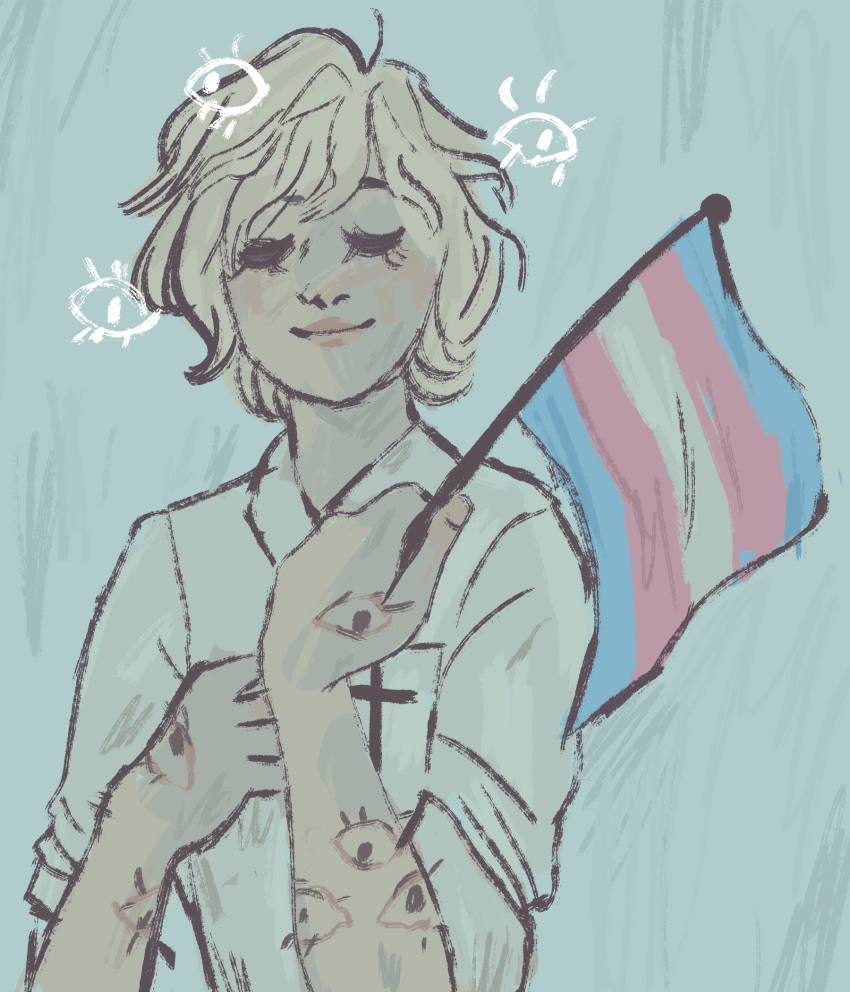 1girl, black_eyes, blonde_hair, blue_light, breast_pocket, closed_eyes, collared_shirt, cross, disembodied_eye, extra_eyes, flag, hands_up, highres, holding, holding_flag, pale_background, pocket, sermna, shirt, short_hair, sleeves_rolled_up, smile, solo, transgender_flag, upper_body, venus_(we_know_the_devil), we_know_the_devil, white_shirt, worst_girls_games