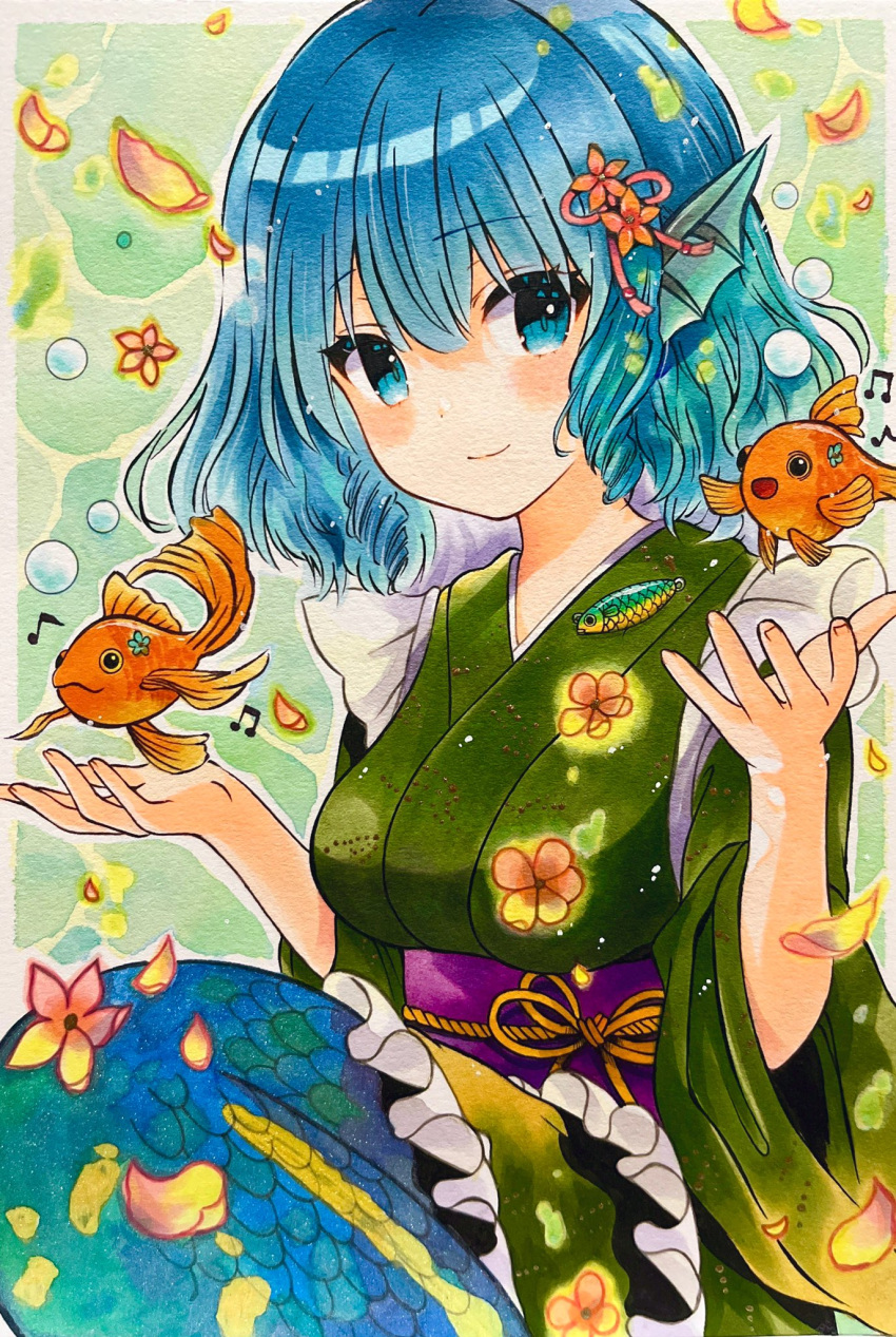 1girl, blue_eyes, blue_hair, blush, closed_mouth, commentary, drill_hair, drill_sidelocks, fish, green_kimono, hair_ornament, highres, japanese_clothes, kimono, looking_at_viewer, mermaid, monster_girl, musical_note, short_hair, sidelocks, smile, symbol-only_commentary, touhou, wakasagihime, yuzugoori