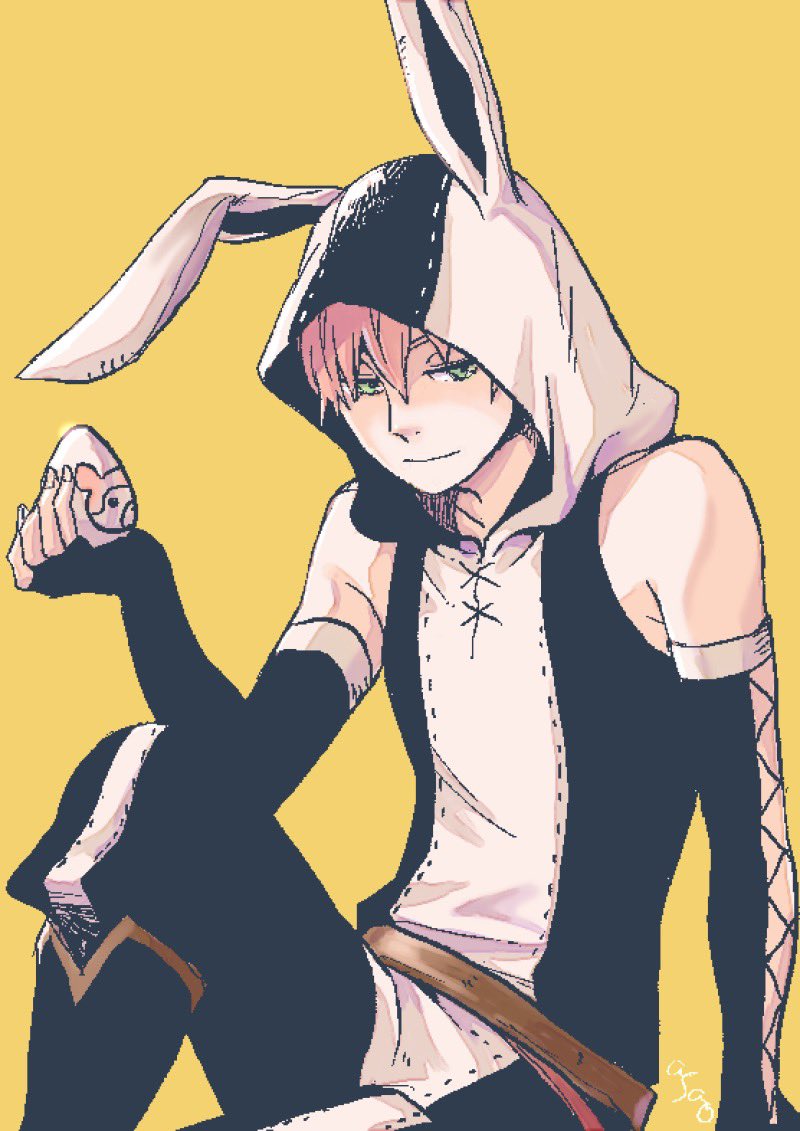 1boy, alternate_costume, animal_hood, asao_(sakuya), bare_shoulders, cross-laced_clothes, cross-laced_sleeves, easter