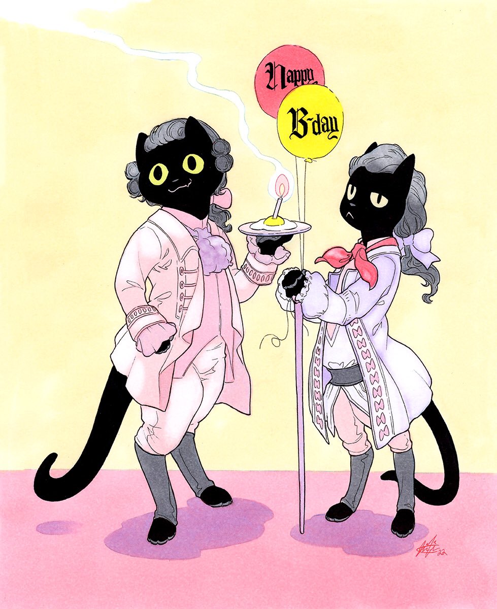 2boys, :<, ascot, balloon, black_fur, blackletter, bow, breeches