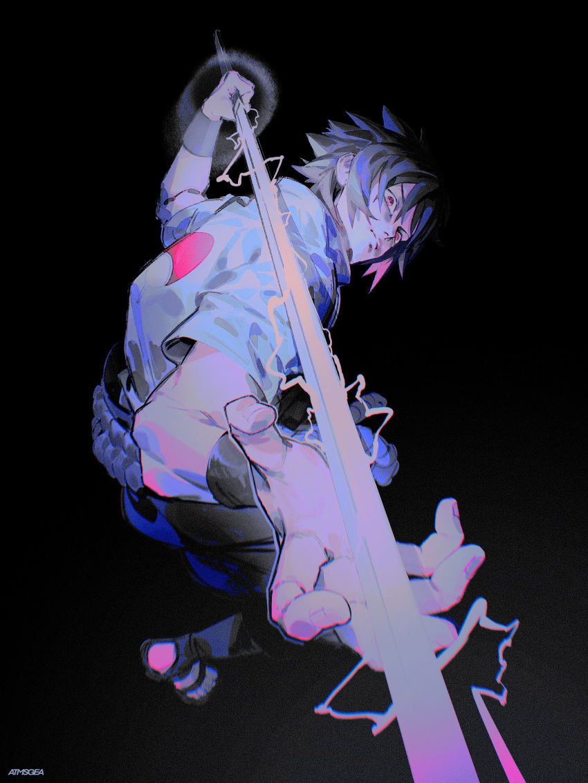 1boy, absurdres, atmosgear, black_hair, black_pants, blue_shirt, highres, holding