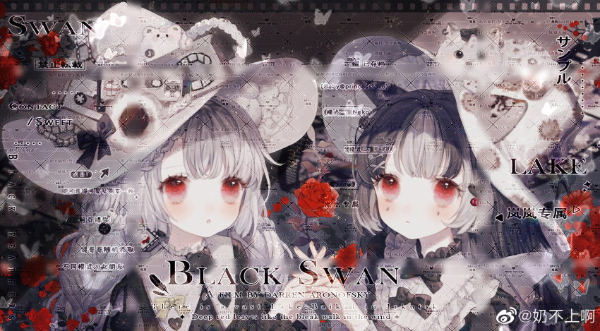 2girls, animal_ears, animal_on_head, bear_ears, bear_hat_ornament, black_background, black_bow, black_bowtie, black_dress, black_hair, blunt_bangs, bow, bowtie, braid, bud, butter, button_hair_ornament, cat, cat_ears, cat_on_head, chinese_commentary, collared_dress, commentary_request, dress, expressionless, eyelashes, fingernails, flower, food, frilled_dress, frilled_headwear, frilled_sleeves, frills, grey_hair, hair_ornament, hairclip, hat, hat_bow, heart, heart_print, highres, holding, holding_flower, interlocked_fingers, light_blush, light_particles, long_hair, long_sleeves, low_twin_braids, marking_on_cheek, multicolored_hair, multiple_girls, nai_bu_shang_a, on_head, original, parted_lips, red_eyes, red_flower, red_rose, rose, sample_watermark, sharing, side_braid, straight_hair, streaked_hair, teardrop_facial_mark, too_many_watermarks, top_hat, twin_braids, upper_body, watermark, weibo_watermark, white_hair, white_hat, witch_hat, yellow_bow