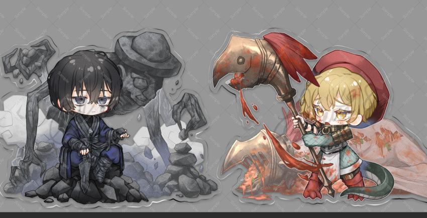2boys, acrylic_stand, apron, basilisoup, black_eyes, black_hair, blonde_hair, blue_hanbok