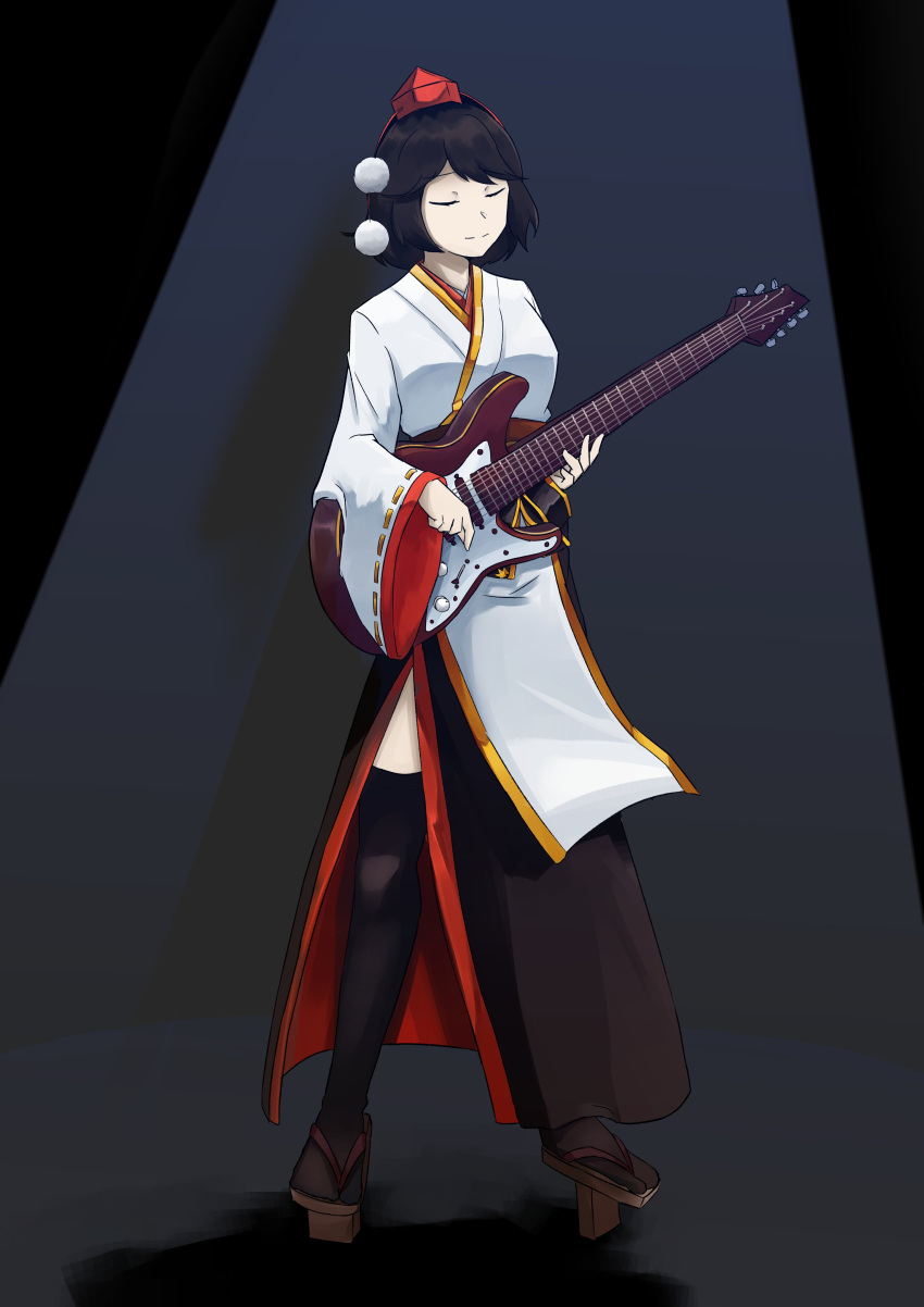 1girl, absurdres, black_hair, black_kimono, black_thighhighs, breasts, brown_footwear, closed_eyes
