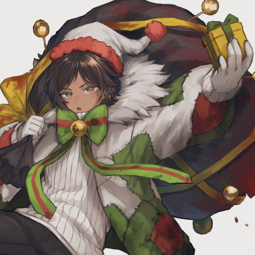1girl, arm_up, bow, bowtie, dark-skinned_female, dark_skin, e.g.o_(project_moon), fur-trimmed_headwear