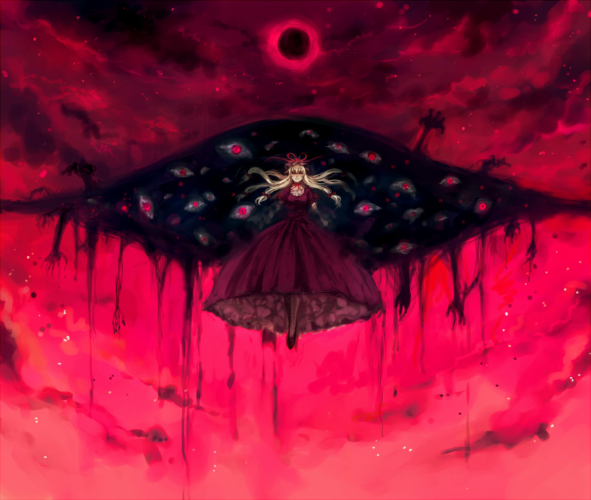 blonde_hair, bow, creepy, dress, evil, eyes, flying, gap