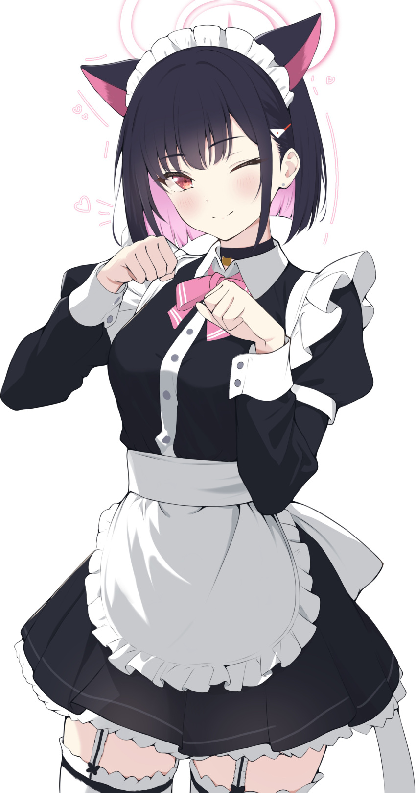 1girl, absurdres, alternate_costume, animal_ears, apron, black_dress, black_hair, blue_archive, blush, breasts, cat_ears, closed_mouth, colored_inner_hair, commentary, cowboy_shot, dress, earrings, enmaided, halo, hands_up, highres, jewelry, kazusa_(blue_archive), kurumi_kororin, large_breasts, long_sleeves, looking_to_the_side, maid, maid_apron, maid_headdress, multicolored_hair, one_eye_closed, paw_pose, pink_hair, pink_halo, puffy_long_sleeves, puffy_sleeves, short_hair, smile, solo, stud_earrings, waist_apron, white_apron