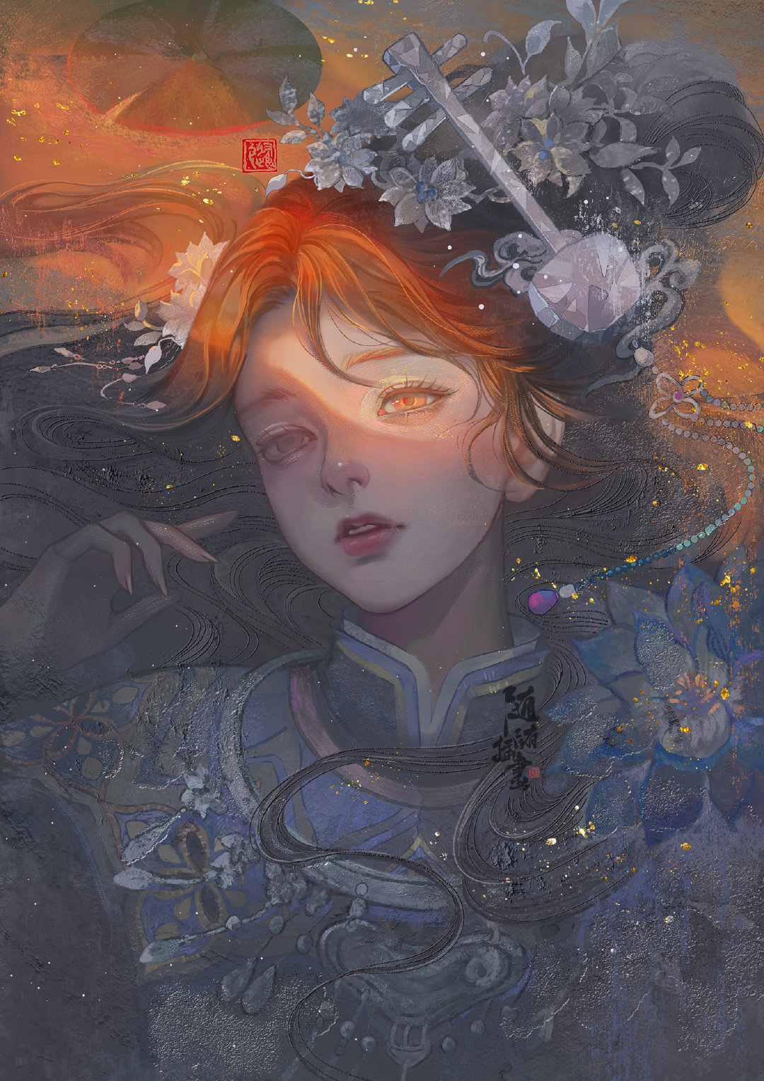1girl, arm_at_side, artist_logo, bloom, border, changmingsuo, chinese_clothes, color_contrast