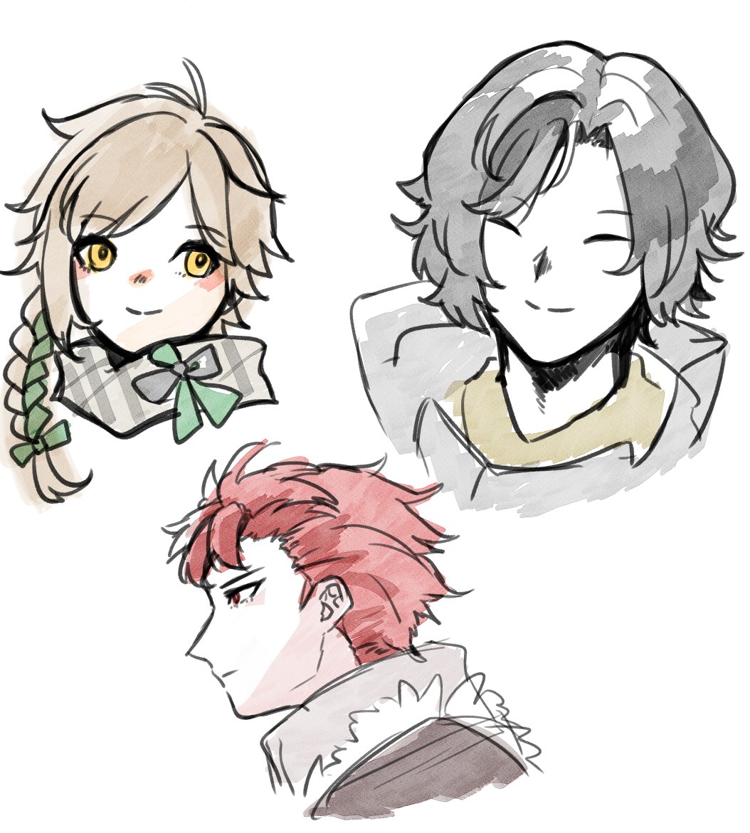 3boys, black_hair, blonde_hair, braid, clanne_(fire_emblem), closed_eyes, diamant_(fire_emblem), facing_viewer, fire_emblem, fire_emblem_engage, green_hair, louis_(fire_emblem), multiple_boys, portrait, red_eyes, redhead, sayu_(silent_si1ent), single_braid, yellow_eyes