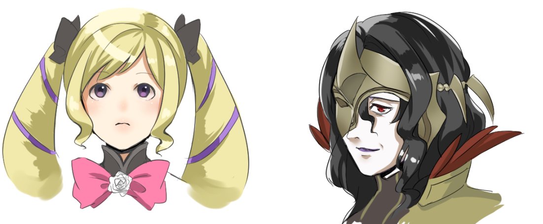 1boy, 1girl, aristocratic_clothes, asymmetrical_mask, black_bow, black_hair, blonde_hair, bow