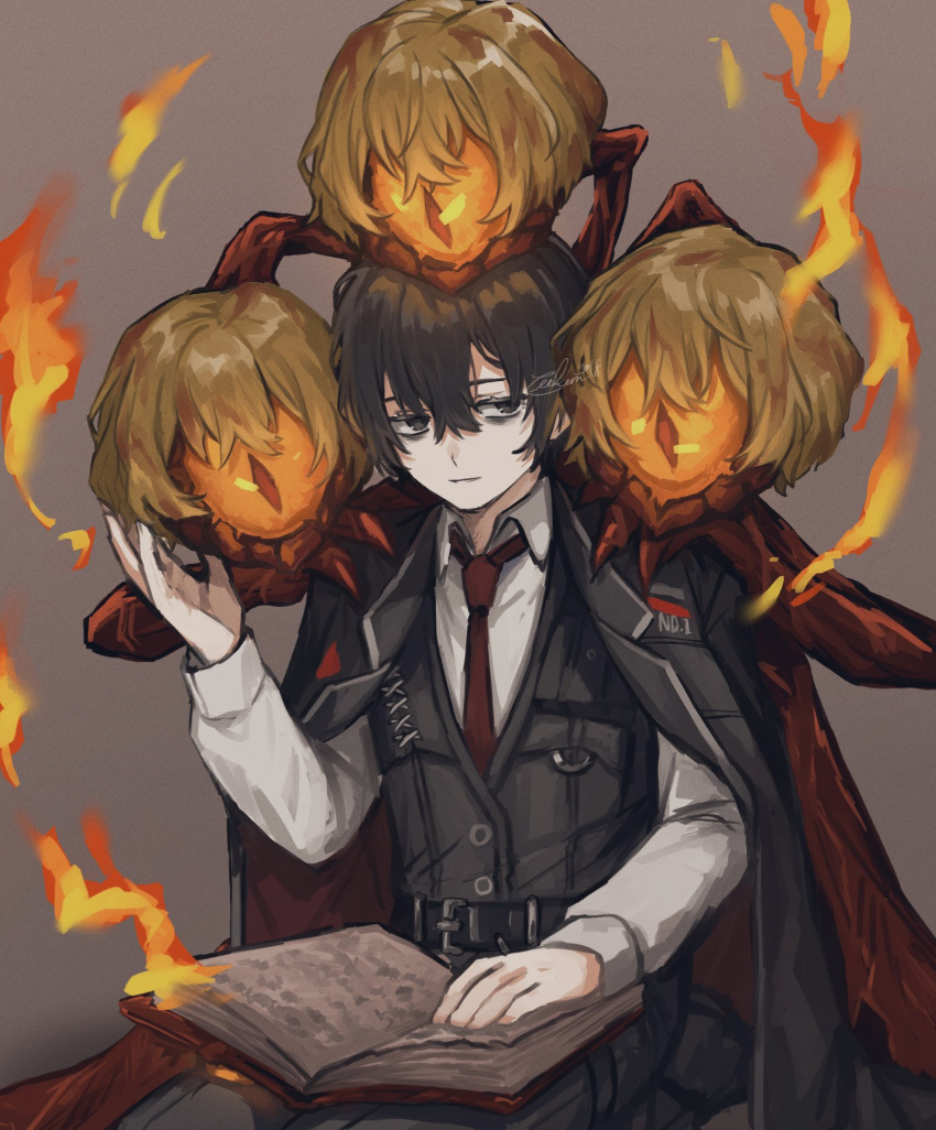 2boys, 9:2_(e.g.o), black_eyes, black_hair, black_pants, black_vest, blonde_hair, collared_shirt