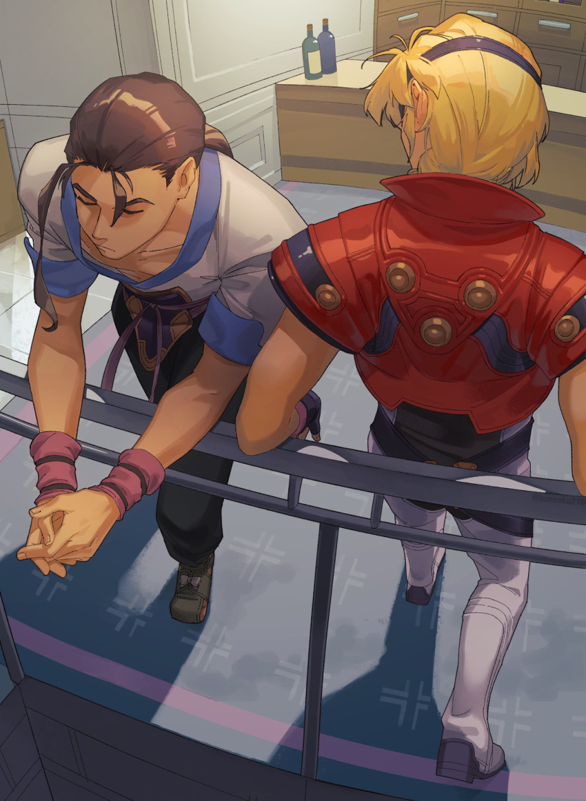 2boys, against_railing, asagi_(banzoku210), bartholomew_fatima, black_pants, blonde_hair, brown_hair, dark_skin