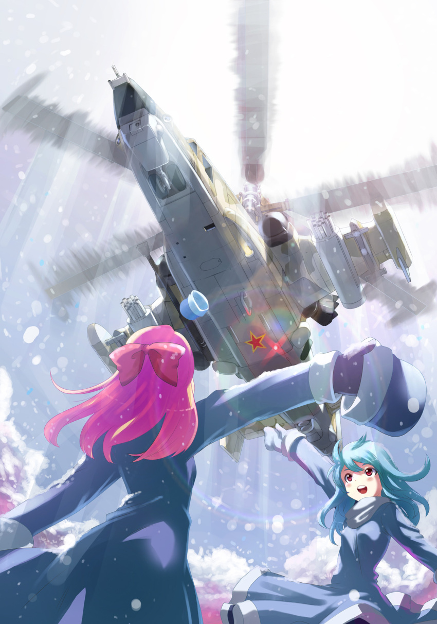 blue_hair, bow, from_below, hair_bow, hair_ribbon, hat, hat_removed, headwear_removed