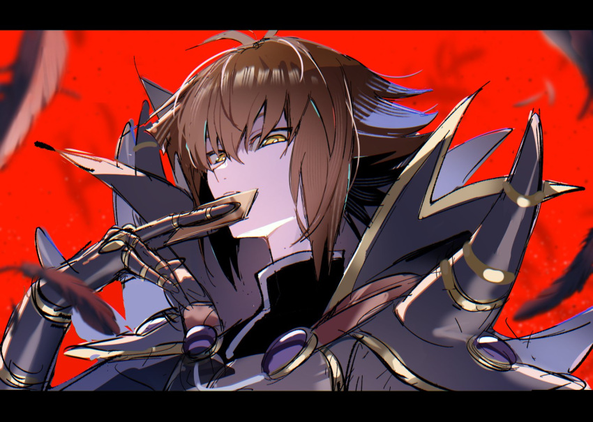 1boy, armor, black_armor, black_feathers, brown_hair, card, feathers, holding, holding_card, male_focus, red_background, sketch, solo, supreme_king_(yu-gi-oh!_gx), trading_card, upper_body, yellow_eyes, yoshio_296, yu-gi-oh!, yu-gi-oh!_gx, yuki_judai