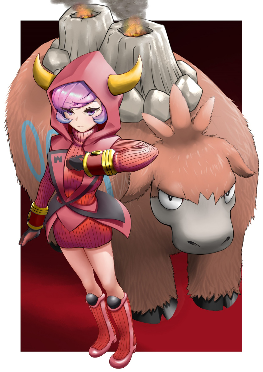 1girl, arms_up, black_gloves, boots, bracelet, breasts, camerupt, courtney_(pokemon), dress, fake_horns, fire, fluffy, gloves, half-closed_eyes, hand_up, highres, hood, hood_up, hooded_vest, hoodie, hooves, horned_headwear, horned_hood, horns, jewelry, knee_boots, long_sleeves, looking_at_viewer, miniskirt, nabe_puyo, orange_fur, pink_hair, pokemon, pokemon_(creature), pokemon_oras, purple_hair, red_footwear, red_hood, ribbed_dress, ribbed_sweater, short_hair, skirt, sleeveless, sleeveless_turtleneck, smoke, smoke_trail, sweater, team_magma, turtleneck, vest, violet_eyes, volcano, yellow_horns