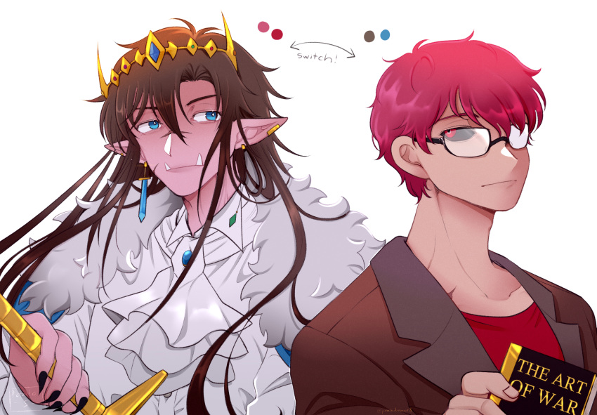 2boys, androgynous, book, brown_hair, color_switch, creator_and_creation, dream_smp, dual_persona
