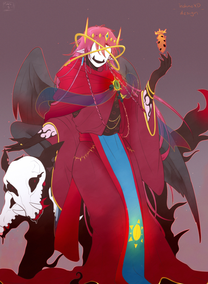 1boy, absurdres, androgynous, cosplay, dream_smp, dreamxd, dreamxd_(cosplay), eye_of_ender, halo, highres, long_hair, male_focus, mask, minecraft, minecraft_youtube, monster, pink_hair, pointy_ears, potato, robe, sallyatoyota, solo, sun_symbol, technoblade, tusks, wings