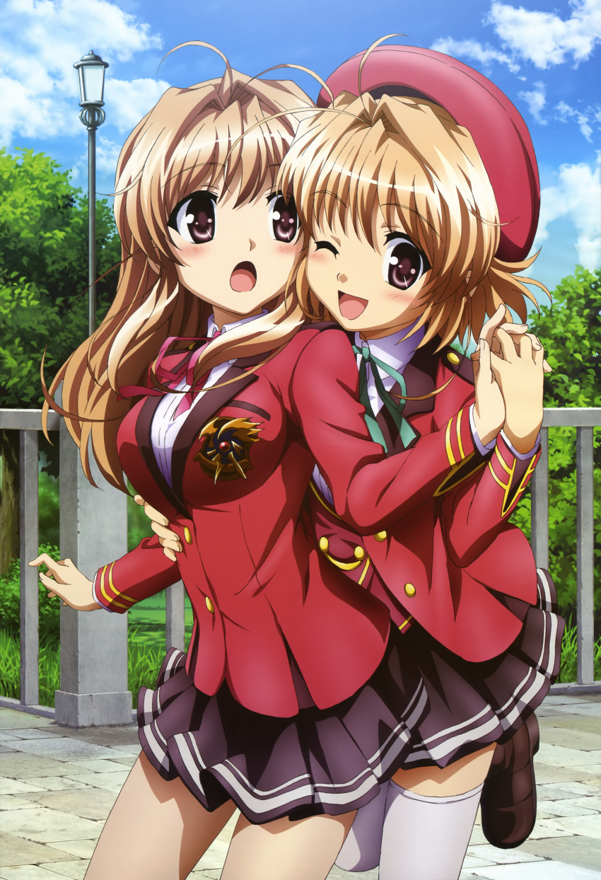 absurdres, ahoge, blush, brown_eyes, brown_hair, cloud, clouds, fortune_arterial