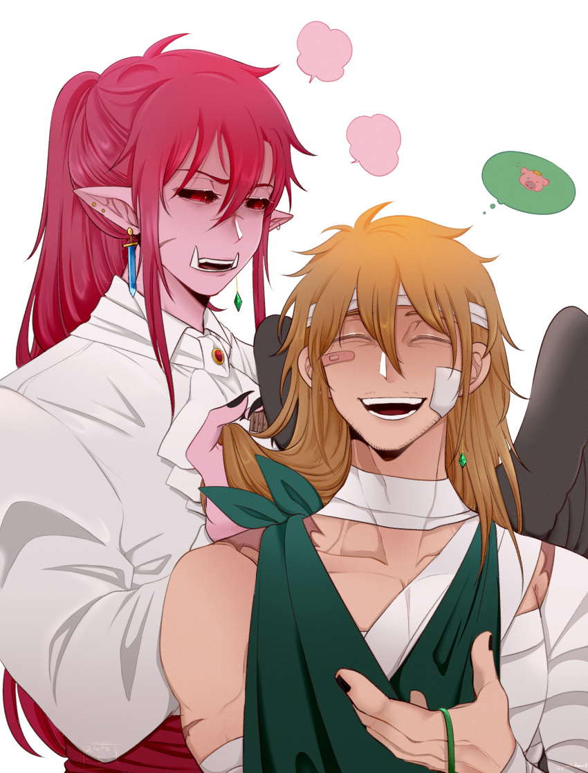 2boys, absurdres, androgynous, bird_boy, bird_wings, black_nails, blonde_hair, brushing_another's_hair
