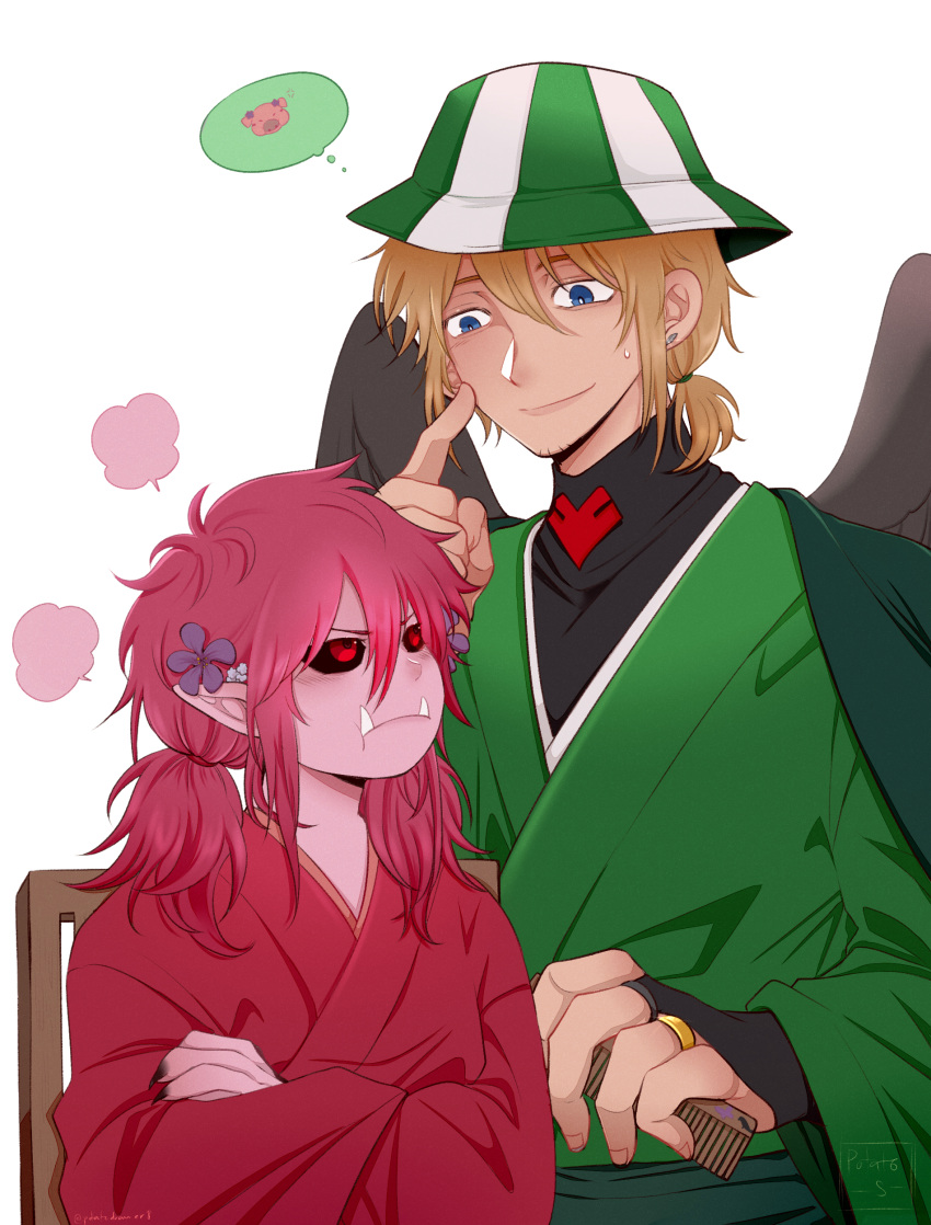 2boys, absurdres, aged_down, androgynous, annoyed, bird_boy, bird_wings, black_sclera