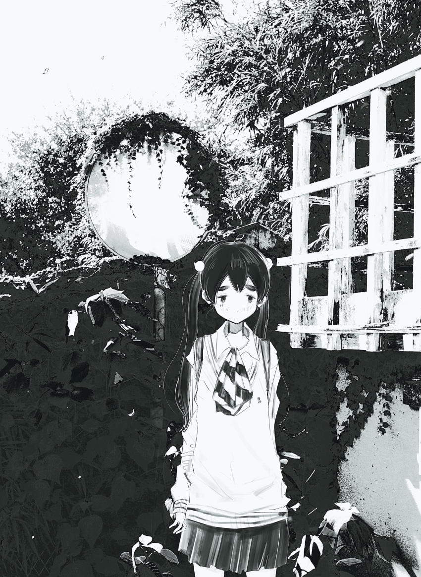 1girl, absurdres, arm_behind_back, ascot, closed_mouth, dead_dead_demons_de_dedede_destruction, hand_on_own_arm, highres, hos1_i, leaf, long_hair, long_sleeves, looking_at_viewer, monochrome, nakagawa_ouran, outdoors, photo_background, pleated_skirt, school_uniform, shirt, skirt, solo, standing, striped_ascot, sweatdrop, thick_eyebrows, twintails