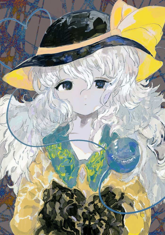 1girl, black_eyes, black_hair, black_hat, bow, closed_mouth, curly_hair, expressionless, eyelashes, hat, hat_bow, heart, heart_of_string, komeiji_koishi, long_hair, long_sleeves, looking_at_viewer, one_eye_closed, painterly, pale_skin, shirt, sleeves_past_wrists, solo, straight-on, third_eye, touhou, tsukamoto_anabone, white_hair, yellow_bow, yellow_shirt