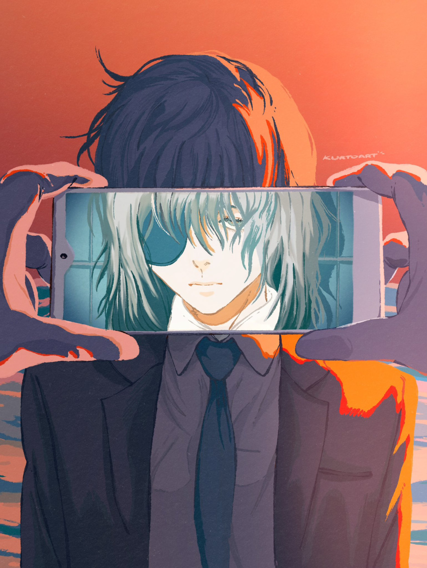 1girl, 1other, artist_name, black_hair, black_necktie, business_suit, cellphone, chainsaw_man