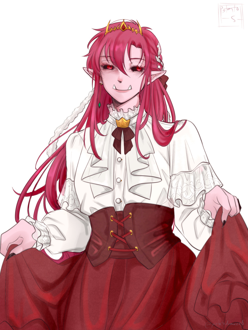 1girl, absurdres, alternate_costume, black_sclera, colored_sclera, colored_skin, corset, crown