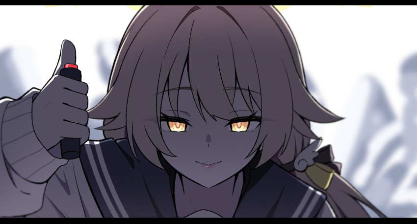 1girl, blue_archive, blue_sailor_collar, brown_eyes, closed_mouth, cropped_torso, detonator, evil_smile, hifumi_(blue_archive), highres, holding_button, jojo_no_kimyou_na_bouken, lips, long_hair, long_sleeves, looking_at_viewer, parody, reia_76, sailor_collar, shirt, smile, solo, upper_body, white_shirt