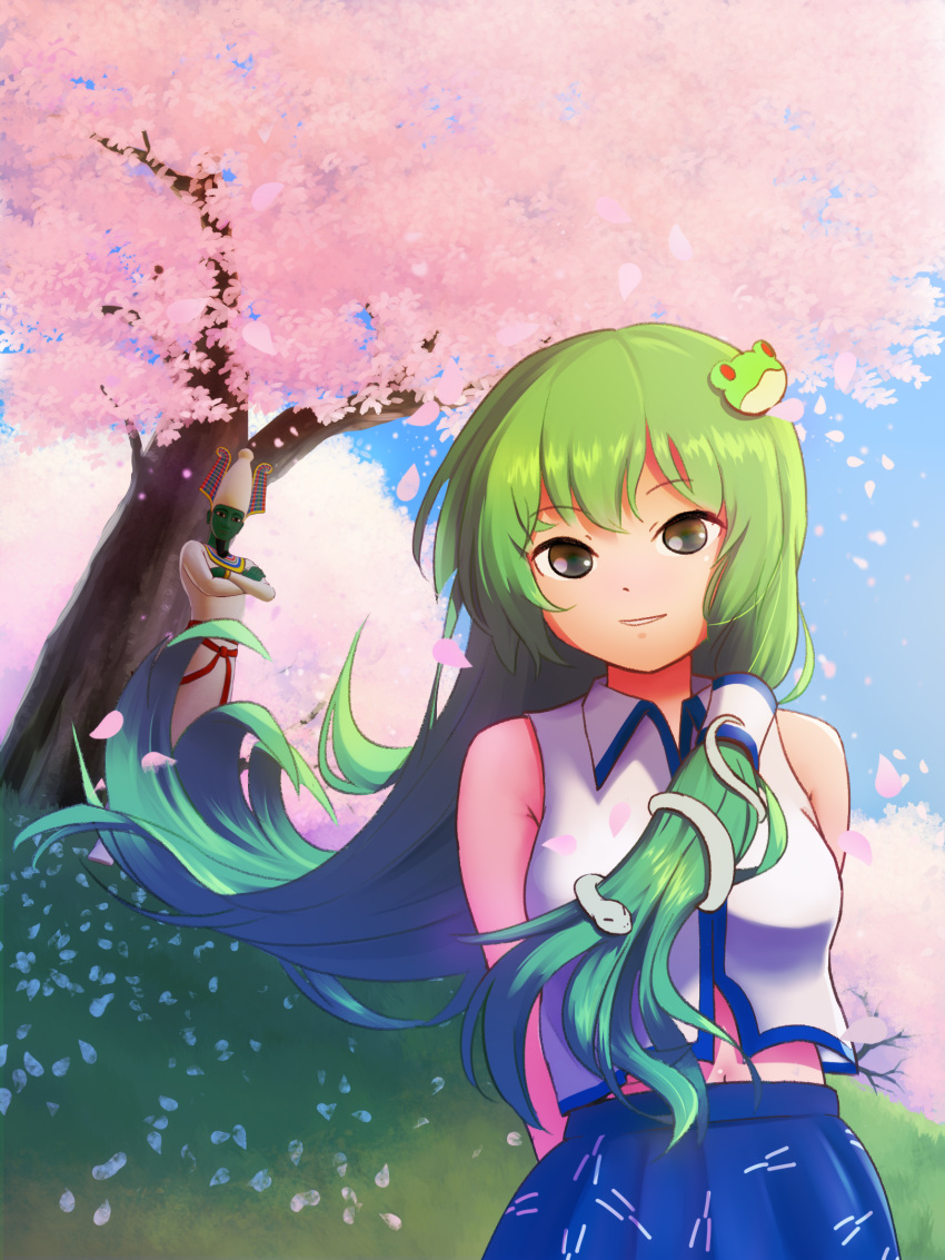 1boy, 1girl, arms_behind_back, blue_skirt, breasts, cherry_blossoms, closed_mouth, collared_shirt