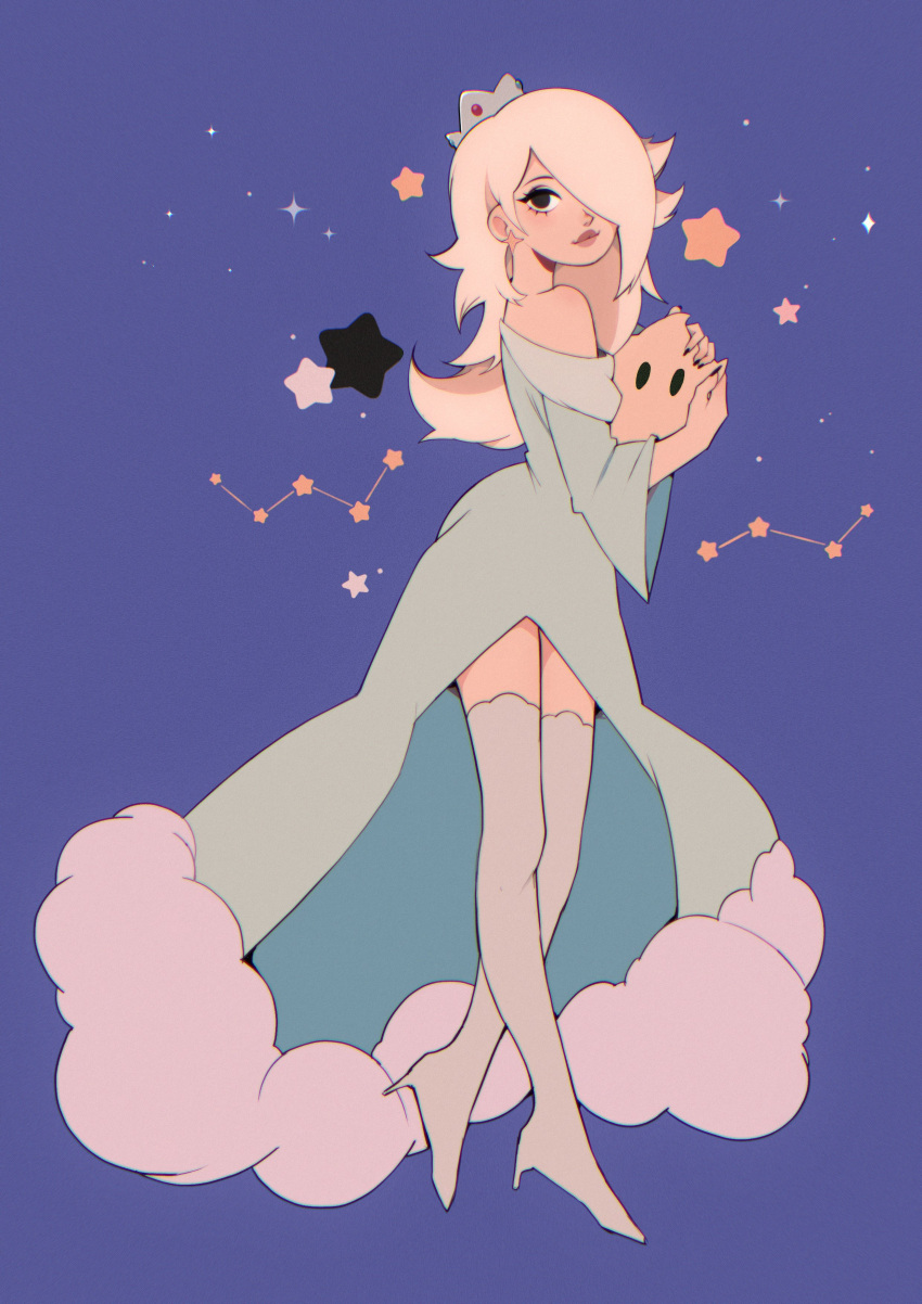 1girl, absurdres, aqua_dress, bare_shoulders, bell_sleeves, black_eyes, blonde_hair, blue_background, boots, cassiopeia_(constellation), commentary, constellation, crown, dress, english_commentary, front_slit, fur_trim, hair_over_one_eye, highres, long_hair, luma_(mario), milkoe, mini_crown, off_shoulder, rosalina, solo, star_(symbol), super_mario_bros., thigh_boots, white_footwear