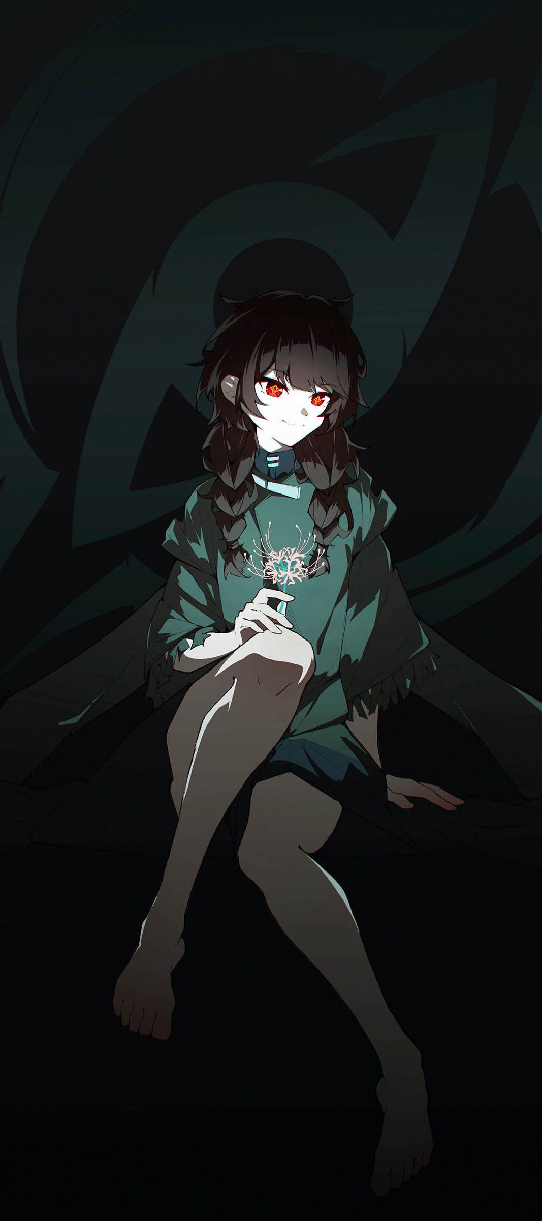 1girl, absurdres, bare_legs, barefoot, black_hair, blunt_bangs, braid, character_name