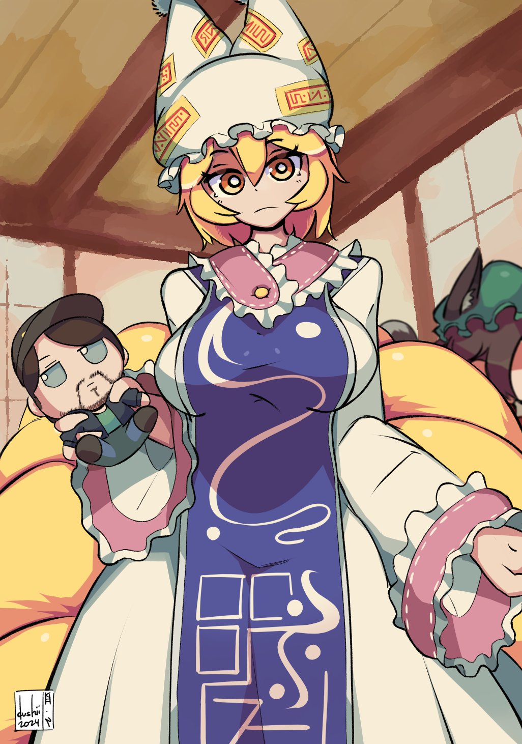 2girls, animal_hat, blonde_hair, blue_tabard, breasts, chen, closed_mouth, commentary