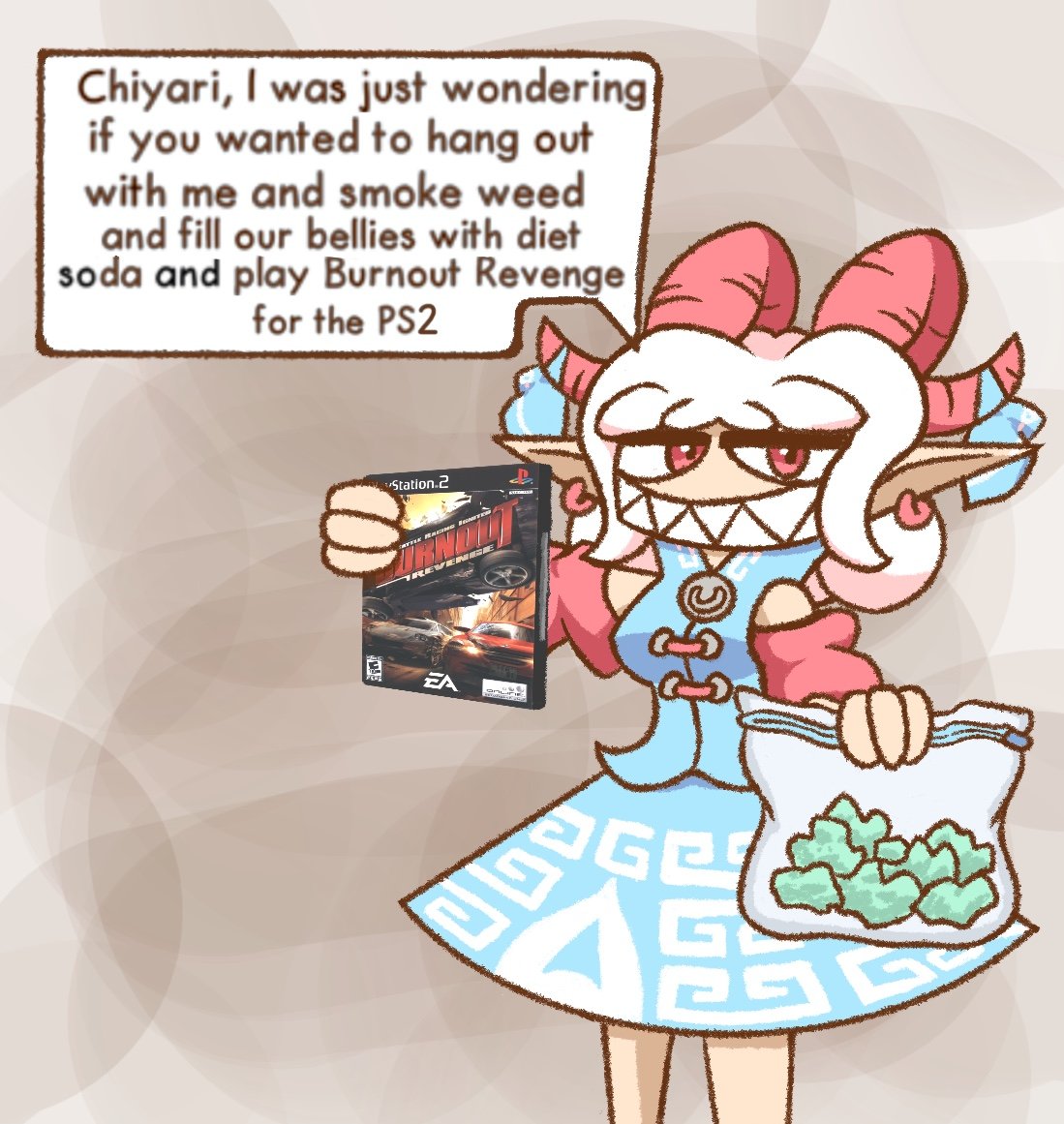 1girl, bag, blue_bow, blue_skirt, blue_vest, bow, burnout_revenge, commentary, cowboy_shot, curled_horns, curly_hair, detached_sleeves, earrings, english_commentary, english_text, game_cartridge, grey_background, grin, holding, holding_bag, holding_game_cartridge, horn_bow, horn_ornament, horns, jewelry, linnyuwu, looking_at_viewer, marijuana, meandros, medium_bangs, medium_hair, patterned_clothing, plastic_bag, playstation_logo, pointy_ears, red_eyes, red_horns, red_sleeves, sharp_teeth, skirt, skirt_set, smile, smiling_friends, solo, teeth, touhou, toutetsu_yuuma, vest, white_hair
