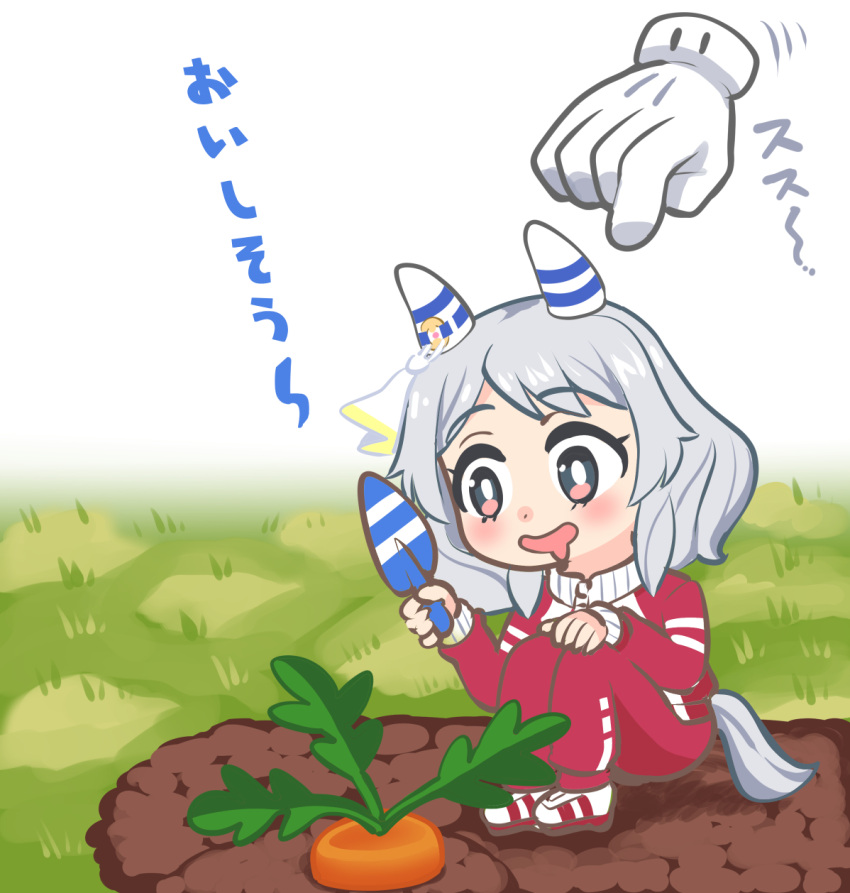 1girl, animal_ears, blush, brown_eyes, carrot, chibi, dirt, grey_hair, hair_ornament, highres, hishi_miracle_(umamusume), holding, horse_ears, horse_girl, horse_tail, jacket, open_mouth, saliva, simple_background, sitting, solo, tail, track_jacket, translation_request, umamusume, white_background, yuki_mashiro_(mashiro16462504)