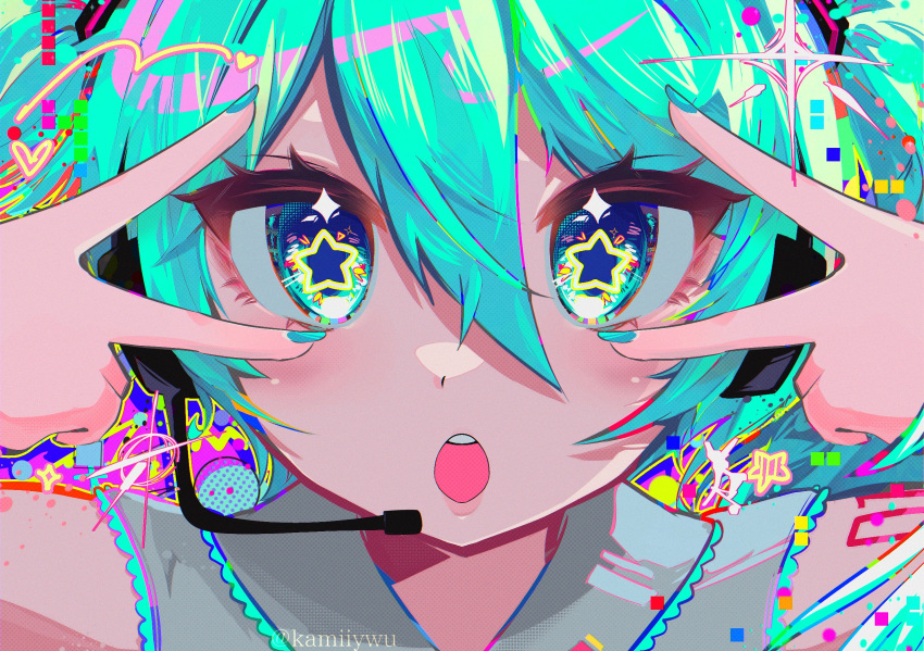 blue_hair, blue_nails, double_v, english_commentary, hair_between_eyes, hatsune_miku, headphones, heart, highres, kamiiywu, looking_at_viewer, m@gical_cure!_love_shot!_(vocaloid), meme, microphone, miku_miku_beaaaam!!_(meme), multicolored_background, multicolored_eyes, nail_polish, open_mouth, shirt, sleeveless, sleeveless_shirt, star-shaped_pupils, star_(symbol), symbol-shaped_pupils, teeth, twintails, twitter_username, upper_teeth_only, v, vocaloid