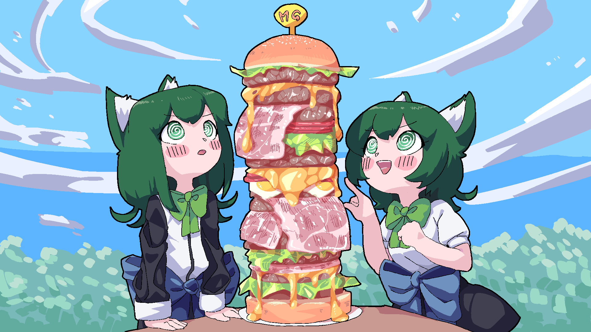 1boy, 1girl, @_@, animal_ears, blush_stickers, bow, burger, cat_ears