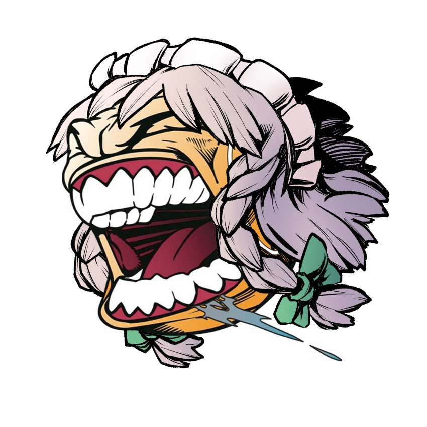 1girl, axel_hi, bow, braid, closed_eyes, colored_skin, commentary, emoji, english_commentary, green_bow, grey_hair, hair_bow, head_only, highres, izayoi_sakuya, let's_fucking_go_(meme), maid_headdress, meme, open_mouth, short_hair, simple_background, solo, teeth, touhou, twin_braids, white_background, yellow_skin