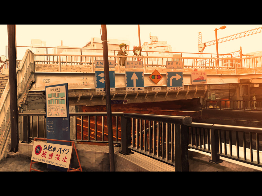cityscape, hakurei_reimu, hat, highres, letterboxed, making_of, pedestrian_bridge, real_teruteru_kokeshi