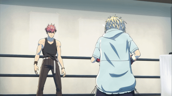 2boys, animated, animated_gif, black_tank_top, blonde_hair, boxing_gloves, d_cide_traumerei, fushibe_aruto