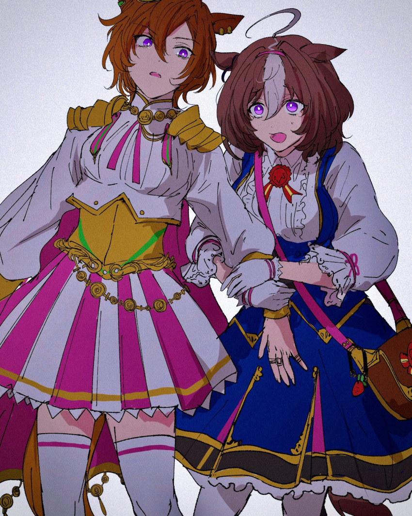 2girls, ahoge, alarmed, animal_ears, armor, bag, blue_jacket, blue_skirt