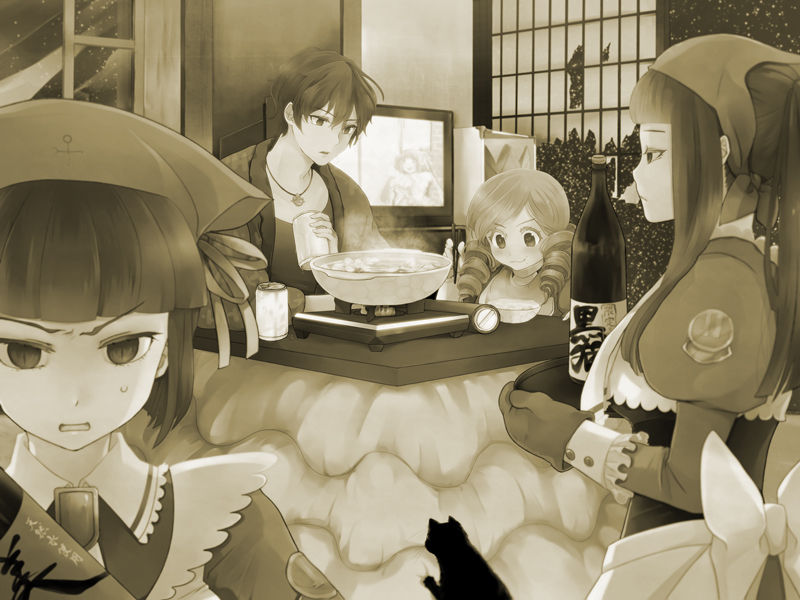 cat, cornelia_(umineko), dlanor_a_knox, drill_hair, gertrude, kotatsu, maroyan, monochrome